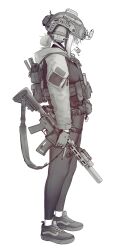 Rule 34 | 1girl, alma01, ammunition pouch, ar-15, bag, belt, bolt cutters, flashlight, gloves, greyscale, gun, gun sling, headset, highres, hood, hoodie, looking down, monochrome, original, pouch, rifle, shoes, short hair, smoke grenade, sneakers, solo, spot color, suppressor, weapon, white background