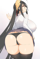 Rule 34 | 1girl, absurdres, ahoge, ass, azur lane, black hair, black panties, black thighhighs, blue skirt, breasts, chixiao, commentary, covered erect nipples, curvy, from behind, hair between eyes, hair ribbon, highres, huge breasts, leaning forward, long hair, long sleeves, looking at viewer, looking back, mask, mask on head, panties, parted lips, partially visible vulva, pleated skirt, red eyes, red ribbon, ribbon, shiny skin, shirt, skirt, solo, standing, taihou (azur lane), thick thighs, thighhighs, thighs, twintails, underwear, unfinished, very long hair, white shirt