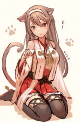 Rule 34 | 1girl, animal ears, black footwear, black hair, boots, cat ears, cat tail, detached sleeves, hair ornament, hairband, hairclip, haruna (kancolle), kantai collection, long hair, paw pose, paw print, red skirt, ribbon-trimmed sleeves, ribbon trim, simple background, sitting, skirt, solo, tail, thigh boots, thighhighs, wariza, white background, white hairband, wss (nicoseiga19993411)