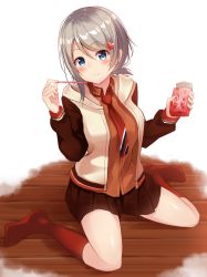 Rule 34 | 1girl, absurdres, blue eyes, blush, box, brown hair, food, grey hair, highres, holding, holding box, holding food, holding pocky, jacket, japanese clothes, long sleeves, looking at viewer, love live!, love live! school idol festival, love live! sunshine!!, maroon legwear, miniskirt, nail polish, necktie, no shoes, on floor, plaid, plaid skirt, pleated skirt, pocky, red nails, red socks, skirt, smile, socks, solo, sonoko neko, watanabe you, wooden floor