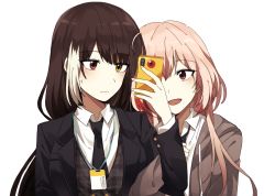 Rule 34 | 2girls, black neckwear, black suit, blush, brown hair, brown suit, closed mouth, commentary request, formal, girls&#039; frontline, hair between eyes, heterochromia, highres, holding, holding phone, id card, lix (iroiro3843), long hair, m4 sopmod ii (girls&#039; frontline), multicolored hair, multiple girls, open mouth, phone, pink hair, red eyes, red hair, ro635 (girls&#039; frontline), smile, streaked hair, suit, upper body, yellow eyes