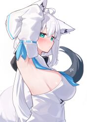 1girl absurdres ahoge animal_ear_piercing animal_ears aqua_eyes arm_up armpits black_ribbon blue_neckerchief blush breasts closed_mouth commentary_request deaver detached_sleeves fox_ears fox_girl fox_tail from_side hair_between_eyes hair_ribbon highres hololive hood hood_down hooded_vest hoodie large_breasts long_hair long_sleeves low_ponytail neckerchief pentagram ponytail presenting_armpit ribbon shirakami_fubuki shirakami_fubuki_(1st_costume) sidelocks simple_background solo sweatdrop tail vest virtual_youtuber white_background white_hair white_sleeves white_vest wide_sleeves