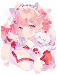 Rule 34 | 1girl, absurdres, ahoge, animal, animal ear fluff, animal ears, animal on shoulder, blush, bow, braid, breasts, cat, cat ears, cat girl, cat tail, cleavage, cleavage cutout, closed mouth, clothing cutout, cropped torso, dress, food-themed hair ornament, frills, hair bow, hair ornament, hairclip, hands on own face, hands up, heart, heart hair ornament, heart hands, highres, komomo (2899), long hair, looking at viewer, maid headdress, medium breasts, nail polish, original, pink hair, plaid, puffy short sleeves, puffy sleeves, red bow, red nails, short sleeves, solo, tail, tail bow, tail ornament, tail raised, upper body, wrist cuffs