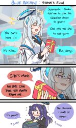 Rule 34 | 2girls, 3koma, blue archive, blue necktie, comic, commentary, english commentary, english text, grey hair, guin guin, halo, highres, jacket, jacket partially removed, long hair, mechanical halo, multiple girls, necktie, noa (blue archive), parted bangs, purple eyes, purple hair, sidelocks, solid oval eyes, speech bubble, two side up, very long hair, white jacket, yuuka (blue archive)