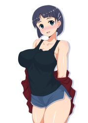 Rule 34 | 1girl, :d, arms behind back, bare shoulders, black eyes, black hair, black tank top, blue shorts, blunt bangs, bob cut, breasts, collarbone, comiket 102, commentary request, dolphin shorts, hair ornament, hairclip, highres, jacket, kirigaya suguha, large breasts, looking at viewer, off shoulder, open mouth, red jacket, short hair, shorts, smile, solo, sword art online, taka (copyrobot), tank top, white background