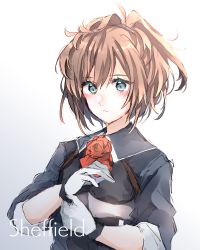 Rule 34 | 1girl, amot 211, ascot, brown hair, character name, commentary request, flower, gloves, gradient background, grey eyes, hair between eyes, highres, kantai collection, long hair, looking at viewer, military, military uniform, red ascot, red flower, rose, sheffield (kancolle), solo, uniform, upper body, white background, white gloves