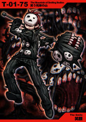 Rule 34 | 1boy, attack, black footwear, black gloves, black jacket, black pants, blood, blood on teeth, check gender, commentary request, dark background, denim, e.g.o (project moon), employee (project moon), full body, gloves, hammer, holding, holding hammer, huge weapon, jacket, jeans, lobotomy corporation, long sleeves, lower teeth only, mask, meimaru inuchiyo, mountain of smiling bodies, numbered, open mouth, pants, partial commentary, project moon, red background, red hair, shoes, short hair, spiked hair, spikes, teeth, weapon, white mask