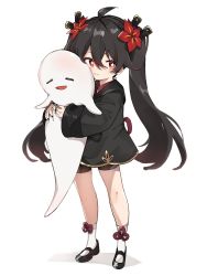 Rule 34 | 1girl, aged down, bike shorts, black hair, chinese clothes, commentary request, deitaku, hugging doll, flower, full body, genshin impact, ghost, hair between eyes, hair flower, hair ornament, highres, hu tao (genshin impact), kneehighs, long hair, long sleeves, looking at viewer, mary janes, hugging object, red eyes, shoes, sidelocks, simple background, smile, socks, standing, symbol-shaped pupils, white background, white socks
