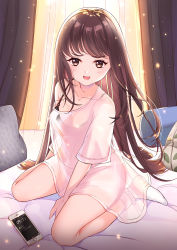 Rule 34 | 1girl, breasts, brown eyes, brown hair, cellphone, cleavage, commentary request, curtains, fujishiro kokoa, full body, highres, indoors, long hair, looking at viewer, medium breasts, on bed, open mouth, original, phone, pillow, revision, see-through, sitting, smartphone, smile, socks, solo, very long hair, wariza