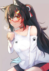 Rule 34 | 1girl, absurdres, animal ear fluff, animal ears, between legs, black choker, black hair, black shorts, blush, breasts, choker, closed mouth, clothing cutout, commentary, cowboy shot, cup, english commentary, glasses, grey background, hair between eyes, hair ornament, hand between legs, highres, hololive, long hair, long sleeves, looking at viewer, looking over eyewear, medium breasts, mug, multicolored hair, ookami mio, ookami mio (casual), orange eyes, paw print, paw print pattern, ponytail, red-framed eyewear, red hair, shirt, short shorts, shorts, shoulder cutout, shuuzo3, simple background, sitting, smile, solo, steam, streaked hair, symbol-only commentary, two-tone hair, virtual youtuber, white shirt, wolf ears