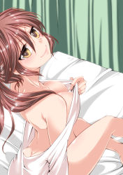 Rule 34 | 1girl, absurdres, backless outfit, bare legs, bed, bed sheet, breasts, brown eyes, brown hair, butt crack, cleavage, cleavage reach, clothes pull, curtains, downblouse, dress, female focus, hal (goshujinomocha), head tilt, highres, indoors, lips, long hair, looking at viewer, looking back, medium breasts, meme attire, no bra, no panties, off shoulder, original, pulling own clothes, self exposure, smile, solo, sweater, sweater dress