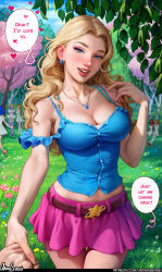 Rule 34 | 1girl, absurdres, aqua footwear, aroma sensei, artist name, bare shoulders, belt, blonde hair, blue eyes, blue shirt, blush, breasts, camisole, cleavage, collarbone, contrapposto, cowboy shot, english text, eyeshadow, forehead, forest, frilled shirt, frills, grass, haley (stardew valley), hand up, heart, highres, holding hands, jewelry, large breasts, long hair, looking at viewer, makeup, maru (stardew valley), midriff peek, miniskirt, mole, mole on breast, nature, naughty face, necklace, nose, open mouth, outdoors, parted hair, patreon username, penny (stardew valley), petals, pink skirt, pov, pov hands, reaching, reaching towards viewer, shirt, shoes, skirt, smile, socks, solo focus, speech bubble, standing, star (symbol), stardew valley, thigh gap, watermark, wavy hair, web address, white socks