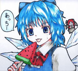 Rule 34 | 2girls, :p, ascot, bat wings, blue eyes, blue hair, bow, chibi, cirno, collared shirt, commentary request, dress, drooling, food, hair bow, head wings, ice, ice wings, kabaji, koakuma, long hair, looking at viewer, multiple girls, o o, popsicle, puffy sleeves, red hair, shirt, short hair, simple background, skirt, skirt set, solo focus, tongue, tongue out, touhou, traditional media, upper body, vest, watermelon bar, white background, wings