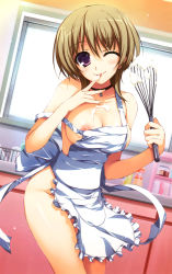 Rule 34 | 1girl, ;), absurdres, apron, breasts, brown hair, cleavage, cream, licking finger, highres, kitchen, large breasts, licking, naked apron, nipple slip, nipples, one eye closed, purple eyes, short hair, smile, solo, tomose shunsaku, tongue, whisk, wink