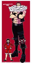 Rule 34 | 2boys, abs, age difference, angry, arm tattoo, artist request, black hair, boots, charlotte katakuri, crossed arms, expressionless, gloves, highres, looking at viewer, male focus, monkey d. luffy, multiple boys, muscular, one piece, pectorals, pink hair, red background, scar, short hair, size difference, smile, standing, tattoo, twitter username
