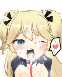 Rule 34 | 1girl, blush, cum, cum in mouth, cum on clothes, cum on hair, cum on tongue, cupping hands, facial, female focus, girls&#039; frontline, highres, looking at viewer, metoranran, open mouth, own hands together, smile, solo, super-shorty (girls&#039; frontline), teeth, tongue, twintails, upper body