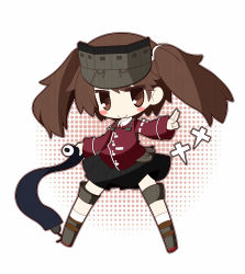 Rule 34 | 10s, 1girl, bad id, blush stickers, brown eyes, brown hair, chibi, cocozasa, holding, kantai collection, looking at viewer, magatama, ryuujou (kancolle), scroll, shikigami, simple background, smile, solo, twintails, visor cap
