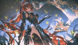 Rule 34 | 1girl, banner, black dress, black headband, black thighhighs, blue eyes, breasts, dress, from below, hair between eyes, hair ornament, headband, highres, holding, holding polearm, holding weapon, large breasts, libuqilai, long hair, mechanical arms, mechanical parts, multicolored eyes, pelvic curtain, polearm, punishing: gray raven, red eyes, red hair, shooting star, sidelocks, sky, solo, star (sky), starry sky, thighhighs, vera (punishing: gray raven), very long hair, weapon