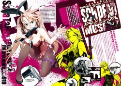 Rule 34 | 2girls, age difference, animal ears, breasts, cleavage, covered erect nipples, fake animal ears, glasses, gun, hair ribbon, handgun, highres, highschool of the dead, leotard, long hair, mother and daughter, multiple girls, open mouth, pantyhose, pink hair, playboy bunny, pouch, rabbit ears, ribbon, satou shouji, submachine gun, takagi saya, takagi yuriko, thigh pouch, torn clothes, torn legwear, torn leotard, trigger discipline, twintails, weapon, yellow eyes
