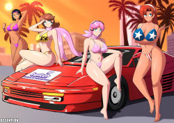 Rule 34 | 4girls, assentlov, bikini, black hair, blue eyes, breasts, brown hair, building, candy suxxx, car, cleavage, earrings, flower earrings, full body, grand theft auto, grand theft auto: vice city, grin, headphones, jewelry, legs, long hair, looking at viewer, mario (series), motor vehicle, multiple girls, navel, nintendo, original, outdoors, palm tree, pink hair, princess daisy, red hair, scarf, shiny skin, sitting, smile, standing, sun, super mario land, swimsuit, thighs, tree, twitch, twitch.tv