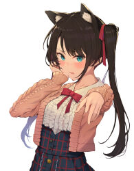 Rule 34 | animal ears, aran sweater, bikini, blue eyes, blue skirt, bow, bowtie, brown hair, cable knit, cat ears, center frills, commentary request, extra ears, fingernails, frilled shirt, frilled skirt, frills, hair ribbon, hand on own cheek, hand on own face, high-waist skirt, highres, hololive, kemonomimi mode, long hair, meme attire, official alternate costume, official alternate hair length, official alternate hairstyle, oozora subaru, oozora subaru (casual), piisu, pink sweater, plaid, plaid skirt, reaching, reaching towards viewer, red bow, red bowtie, red ribbon, ribbon, shirt, skirt, string bikini, sweater, swept bangs, swimsuit, twintails, upper body, virgin killer outfit, virtual youtuber, white background, white shirt