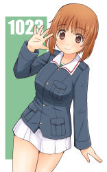 Rule 34 | 1girl, birthday, blue jacket, brown eyes, brown hair, closed mouth, cowboy shot, dated, dutch angle, girls und panzer, green shirt, highres, jacket, long sleeves, looking at viewer, military, military uniform, miniskirt, nishizumi miho, ooarai military uniform, pleated skirt, shirt, short hair, skirt, smile, solo, standing, uniform, uona telepin, waving, white skirt