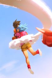 Rule 34 | 1boy, 1girl, backpack, bag, bare legs, black hair, blue hair, blue sky, blurry, bulma, clenched teeth, commentary, day, depth of field, dougi, dragon ball, english commentary, closed eyes, facing away, floating hair, flying nimbus, grabbing, grabbing from behind, kneepits, outdoors, red legwear, rennerei, shoes, short hair, shorts, signature, sitting, sky, son goku, spiked hair, teeth