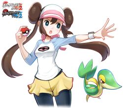 Rule 34 | 1girl, black pantyhose, blue eyes, breasts, brown hair, cowboy shot, creatures (company), double bun, game freak, gen 5 pokemon, hair bun, highres, holding, holding poke ball, looking to the side, medium breasts, mr.thunderigor, nintendo, open mouth, pantyhose, pantyhose under shorts, poke ball, poke ball (basic), pokemon, pokemon (creature), pokemon bw2, rosa (pokemon), shirt, short shorts, short sleeves, shorts, simple background, snivy, standing, twintails, visor cap, watch, white background, white shirt, wristwatch, yellow shorts