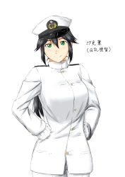 Rule 34 | 10s, 1girl, borrowed character, female admiral (kancolle), hair between eyes, hat, highres, kantai collection, long hair, military, military uniform, naval uniform, niwatazumi, shiomi kaoru, simple background, solo, translation request, uniform