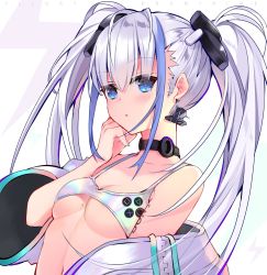 Rule 34 | 1girl, bare shoulders, bikini, bikini top only, blue eyes, breasts, choker, cleavage, collarbone, earrings, game console, grey jacket, hair ornament, hand up, highres, jacket, jewelry, long hair, looking at viewer, mole, mole on breast, multicolored hair, nail polish, navel, off shoulder, open clothes, open jacket, original, parted lips, personification, playstation 5, playstation symbols, sidelocks, silver hair, small breasts, solo, stomach, streaked hair, swimsuit, twintails, upper body, usagihime, white background, wide sleeves