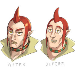 Rule 34 | 1boy, before and after, cleft chin, commentary request, grin, groose, jewelry, male focus, monbetsu kuniharu, neck ring, nintendo, pointy ears, red hair, smile, the legend of zelda, the legend of zelda: skyward sword, v-shaped eyebrows, yellow eyes, yellow lips