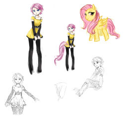 Rule 34 | 1girl, blue eyes, bridal gauntlets, cutie mark, dress, fluttershy, highres, long hair, my little pony, my little pony: friendship is magic, pas (paxiti), personification, pink eyes, pink hair, short hair, sketch, skirt, solo, tail, yellow dress, yellow skirt