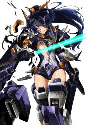 Rule 34 | 1girl, absurdres, black gloves, black hair, commentary request, energy sword, gloves, headgear, high ponytail, highres, holding, holding sword, holding weapon, kumichou (ef65-1118-ef81-95), long hair, looking at viewer, mecha musume, mechanical legs, original, purple eyes, shattered, sheath, solo, sword, thighs, torn clothes, vambraces, weapon, white background