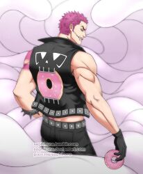 Rule 34 | 1boy, arm tattoo, bare shoulders, black jacket, charlotte katakuri, chest tattoo, doughnut, food, from behind, jacket, jacket print, looking back, male focus, muscular, muscular male, one piece, pink hair, sephirona, short hair, solo, stitches, tattoo, tusks