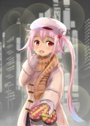 Rule 34 | 1girl, alternate costume, beret, billboard, black skirt, blue hair, blurry, blurry background, blush, box, building, casual, city, coat, flower, gloves, gradient hair, hair flaps, hair flower, hair ornament, harusame (kancolle), hat, heart-shaped box, holding, holding box, kantai collection, lens flare, long sleeves, multicolored hair, night, open mouth, pink coat, pink gloves, pink hair, plaid, plaid scarf, red eyes, ribbon, scarf, side ponytail, skirt, skyscraper, smile, solo, upper body, white hat, ynos