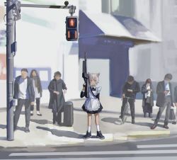 Rule 34 | 4boys, 4girls, absurdres, animal ears, apron, bicycle, black coat, black dress, black footwear, black jacket, black pants, brown footwear, cat ears, closed mouth, coat, commentary, crosswalk, day, dress, full body, grey hair, gun, highres, holding, holding gun, holding phone, holding weapon, jacket, long sleeves, looking at phone, looking at viewer, maid, maid apron, mask, mouth mask, multiple boys, multiple girls, original, outdoors, pants, pedestrian lights, phone, pink eyes, scarf, shadow, shirt, shoes, short hair, smile, socks, solo focus, standing, suitcase, weapon, white apron, white legwear, white shirt, zumochi