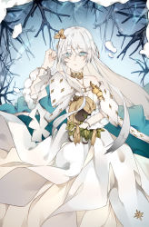Rule 34 | 1girl, anastasia (fate), blue eyes, branch, breasts, cape, cloak, crown, doll, dress, fate/grand order, fate (series), fur trim, hair between eyes, hair over one eye, hairband, highres, jewelry, jingzhongyin, large breasts, leaf, long hair, looking at viewer, open mouth, silver hair, snow, solo, very long hair, white dress