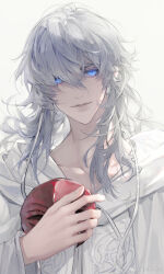 Rule 34 | 1boy, bishounen, blue eyes, chinese commentary, collarbone, commentary request, final fantasy, final fantasy xiv, glowing, glowing eyes, grey hair, hair between eyes, hand up, highres, holding, holding mask, hood, hood down, hooded robe, looking at viewer, male focus, mamaomao-psd, mask, medium hair, messy hair, portrait, robe, simple background, smile, solo, themis (ff14), unworn mask, weibo logo, weibo watermark, white background, white robe