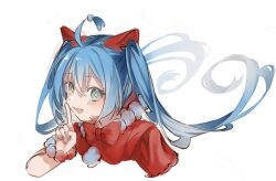Rule 34 | 1girl, :d, ahoge, blue eyes, blue hair, blush, bow, bowtie, bracelet, cropped torso, diamond-shaped pupils, diamond (shape), dress, finger to mouth, floating hair, hair between eyes, hair bow, hand up, hatsune miku, index finger raised, jewelry, long hair, looking at viewer, nuko 0108, open mouth, project sekai, raised eyebrows, red bow, red bowtie, red dress, sidelocks, simple background, smile, solo, symbol-shaped pupils, traditional bowtie, twintails, very long hair, vocaloid, white background, wonderlands x showtime miku