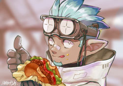 Rule 34 | 1boy, aqua hair, arknights, bad id, bad pixiv id, beard, black gloves, burger, commentary request, dark-skinned male, dark skin, eating, ethan (arknights), facial hair, food, gloves, goggles, goggles on head, holding, licking lips, looking at viewer, male focus, memetaroh, pointy ears, smile, solo, thumbs up, tongue, tongue out, turtleneck, white eyes