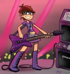 Rule 34 | 1girl, amplifier, belt, boots, brown hair, cross-laced footwear, earrings, electric guitar, eyelashes, facing viewer, full body, grin, guitar, holding, instrument, jewelry, lace-up boots, looking at viewer, luna loud, midriff, miniskirt, navel, nickelodeon, paperclip earrings, purple eyes, purple footwear, purple shirt, purple skirt, saraarai (pixiv16146428), shirt, short hair, skirt, skull, skull print, smile, solo, standing, t-shirt, the loud house, white belt