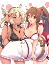 Rule 34 | 10s, 2girls, :d, adjusting eyewear, ajo (rolan666), asymmetrical docking, bare arms, bare legs, bare shoulders, belt, between breasts, bikini, bikini vest, black nails, blonde hair, breast press, breast rest, breasts, brown hair, cleavage, collarbone, dark-skinned female, dark skin, double topknot, glasses, grey hair, hair intakes, highres, kantai collection, large breasts, leaning, leaning forward, legs, long hair, looking at viewer, multiple girls, musashi (kancolle), nail polish, neck, open mouth, parted lips, pillow, pointy hair, ponytail, red eyes, sarong, semi-rimless eyewear, sidelocks, smile, swimsuit, under-rim eyewear, very long hair, yamato (kancolle)
