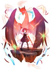 Rule 34 | 1girl, absurdres, bird, black dress, black pantyhose, brown footwear, clenched hand, dress, floating island, hair ornament, highres, holding, holding sword, holding weapon, long sleeves, looking at viewer, medium hair, monster, original, pantyhose, purple eyes, red hair, satoshiki, shirt, side ponytail, smile, standing, sword, weapon, white background, white shirt