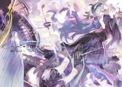 Rule 34 | 10s, 119, 1girl, aircraft, airship, bare back, black hair, celeste (granblue fantasy), character name, cloud, colored skin, copyright name, dress, ghost, granblue fantasy, headgear, long hair, long sleeves, puffy long sleeves, puffy sleeves, purple dress, purple hair, solo, veil, white skin, wide sleeves