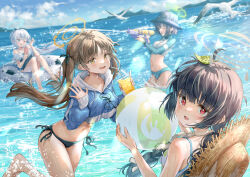 Rule 34 | 4girls, ball, beachball, bikini, bird, black bikini, black hair, blue archive, blue bikini, blue eyes, blue halo, blue jacket, blue one-piece swimsuit, braid, breasts, brown hair, brown headwear, casual one-piece swimsuit, cellphone, collarbone, commentary, cropped jacket, cup, drinking straw, english commentary, frilled one-piece swimsuit, frills, green halo, halo, hands up, hat, hat on back, highres, hirokazu (analysis-depth), holding, holding ball, holding beachball, holding cup, holding phone, holding water gun, innertube, jacket, knees up, large breasts, leaf, leaf on head, long hair, long sleeves, looking at viewer, miyako (blue archive), miyako (swimsuit) (blue archive), miyu (blue archive), miyu (swimsuit) (blue archive), moe (blue archive), moe (swimsuit) (blue archive), multiple girls, ocean, off-shoulder one-piece swimsuit, off shoulder, official alternate costume, one-piece swimsuit, one eye closed, parted lips, phone, ponytail, puffy long sleeves, puffy sleeves, rabbit platoon (blue archive), red eyes, saki (blue archive), saki (swimsuit) (blue archive), short hair, side-tie bikini bottom, sitting, sleeve cuffs, sleeves past wrists, small breasts, smartphone, smile, straw hat, swim ring, swimsuit, twin braids, twintails, very long hair, water gun, waving, white bikini, white hair, white halo, yellow eyes, yellow halo