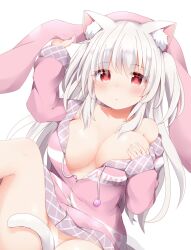 Rule 34 | 1girl, animal ear fluff, animal ears, between legs, blush, breasts, cat ears, cat girl, cat tail, cleavage, closed mouth, commentary request, hand on own chest, highres, large breasts, long hair, long sleeves, looking at viewer, original, pajamas, pink pajamas, simple background, solo, tail, tail between legs, thighs, tutsucha illust, white background, white hair