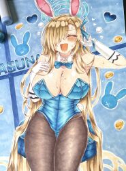 absurdly_long_hair absurdres asuna_(blue_archive) asuna_(bunny)_(blue_archive) blonde_hair blue_archive blush breasts character_name cleavage closed_eyes detached_collar hair_over_one_eye halo highres huge_breasts ichinose_haruka leotard long_hair marker_(medium) playboy_bunny smile traditional_media very_long_hair