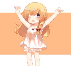 Rule 34 | 1girl, aged down, bare shoulders, black bow, black ribbon, blonde hair, bloomers, blue eyes, blush, bow, braid, breasts, cacao (cacaomgmg), camisole, commentary request, hair bow, kirisame marisa, long hair, one eye closed, open mouth, outstretched arms, petite, ribbon, simple background, single braid, sleeveless, small breasts, spaghetti strap, touhou, two-tone background, undershirt, underwear, underwear only, white bloomers, white camisole