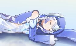 Rule 34 | a947705318, absurdres, blue bodysuit, blue coat, blue hair, bodysuit, breasts, cicin mage (genshin impact), closed eyes, coat, collar, cryo cicin mage (genshin impact), fur trim, genshin impact, gloves, highres, lying, medium breasts, on side, short hair, simple background, sleeping, white gloves