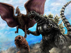 Rule 34 | blue eyes, bug, claws, day, feet out of frame, flying, foundation x, ghidorah, the three-headed monster, giant, giant monster, godzilla, godzilla (series), horns, kaijuu, looking to the side, mothra, no humans, rodan, sharp teeth, simple background, tail, teeth, toho, wings
